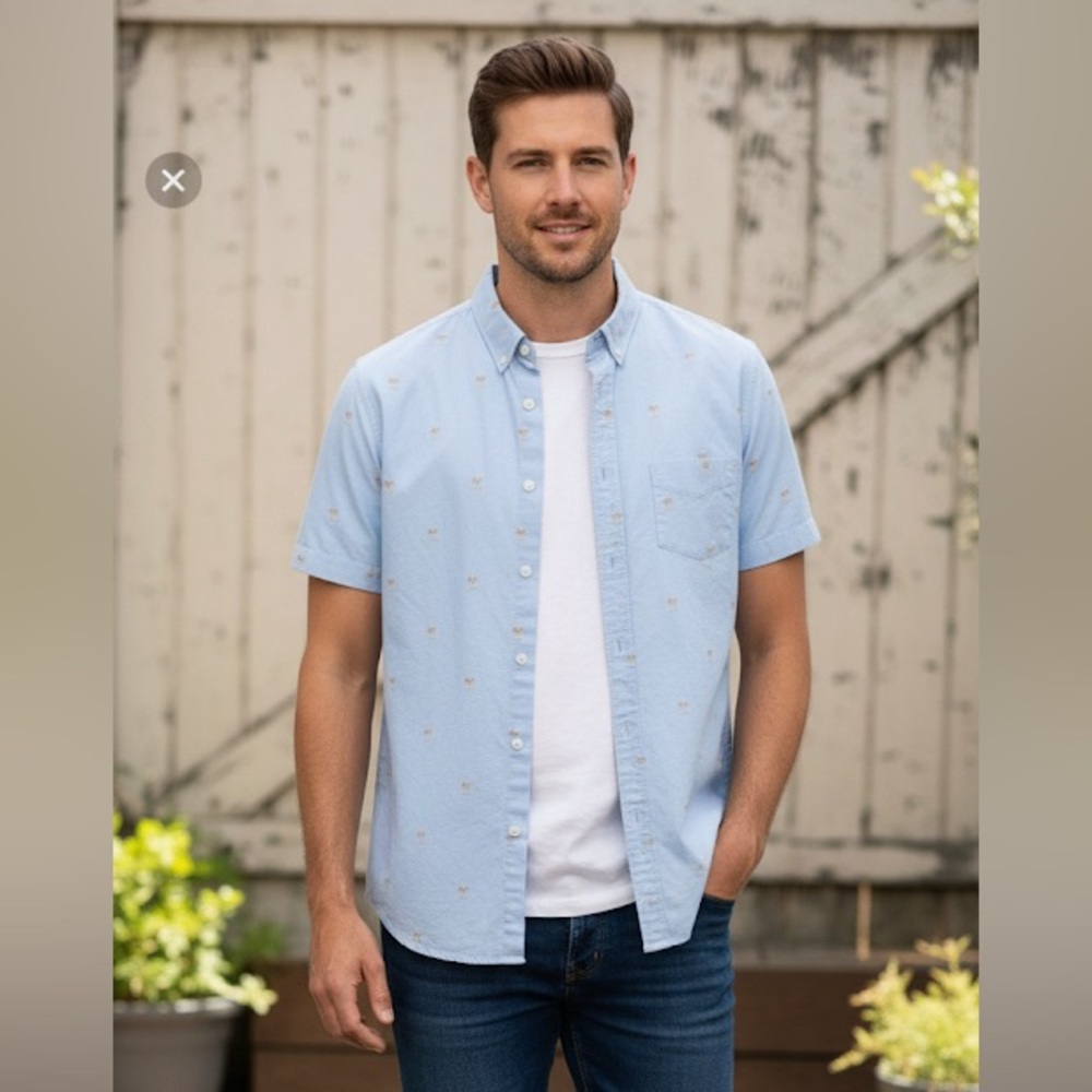 Steven Alan Blue Short Sleeve Button Down Palm Print Chambray Shirt Size L